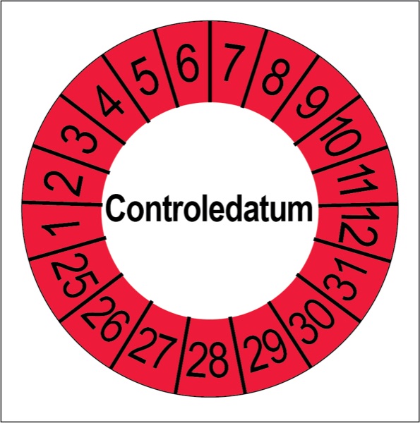Ronde keuringsstickers met controledatum en jaarkleur op strip