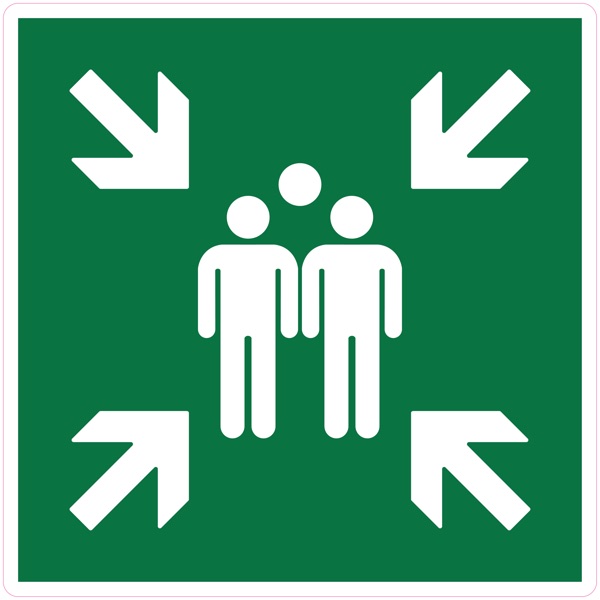 Verzamelplaats sticker, groen-witte ISO 7010-sticker met pijlen naar binnen